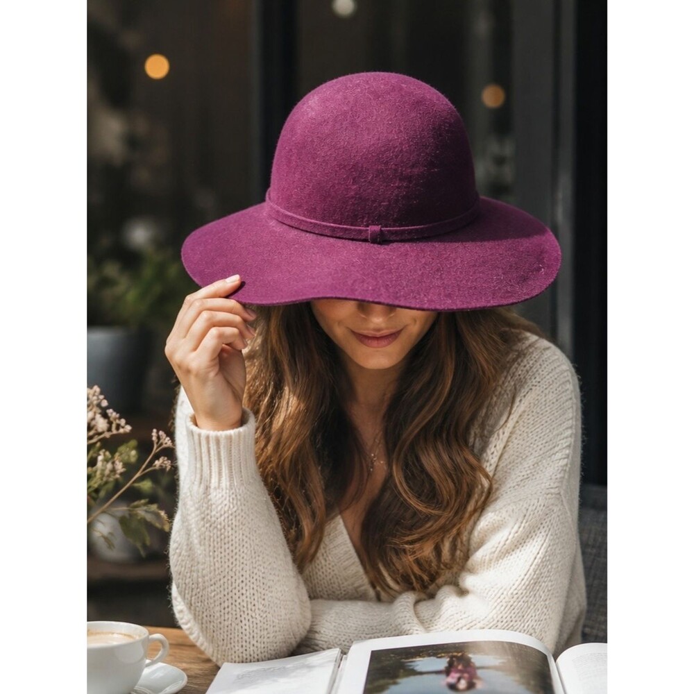 LOFT Wool Blend Wide-Brim Hat in Deep Plum - Large